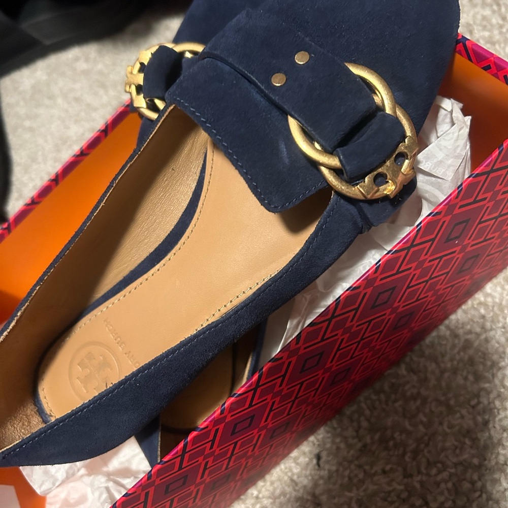 Tory Burch Dark Blue Flats with Gold Buckle